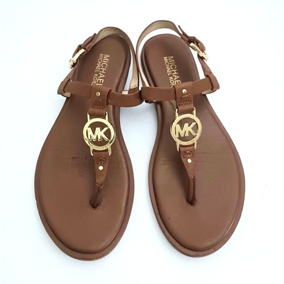 Michael Kors Sondra Thong Flat Sandal Brown Leather Gold Logo Buckle Strap Sz 6 - Picture 1 of 8